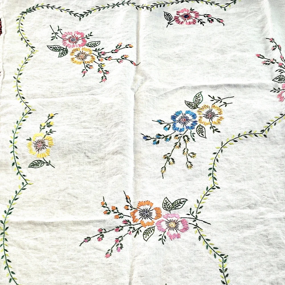 Vintage Embroidered Linen Tablecloth Spring & Summer Flowers Handmade 48 X 48